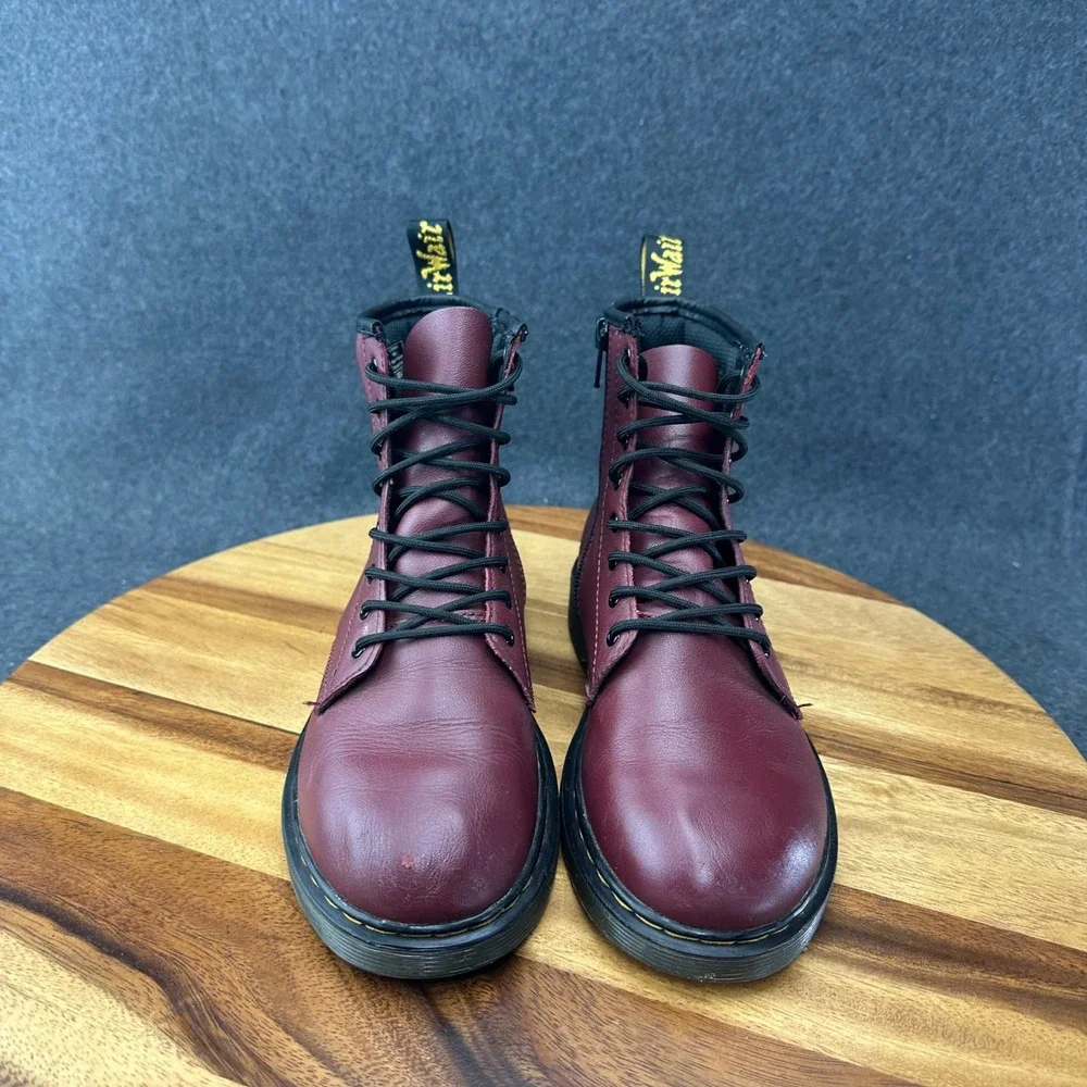 Dr Martens 1460 J Womens Burgundy Leather Lace Up Side Zip Combat Boots Size 5L